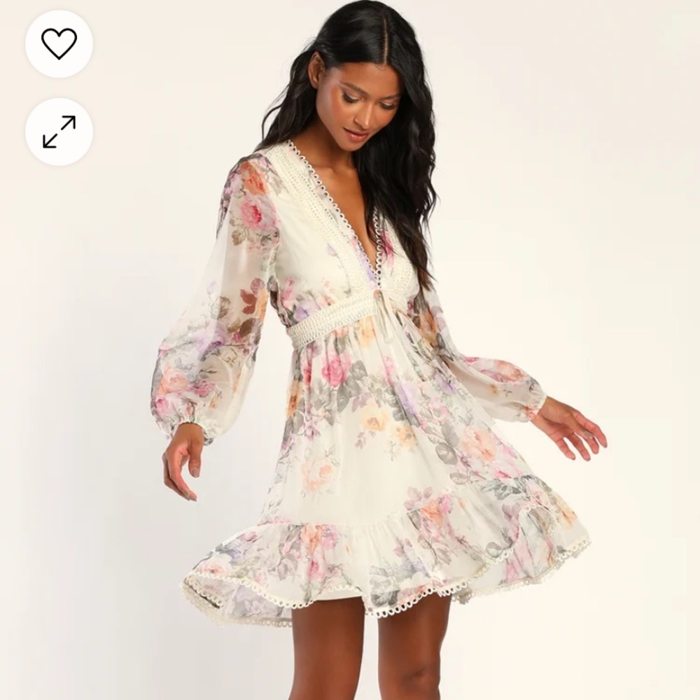 Ivory Floral Print Long Sleeve Dress